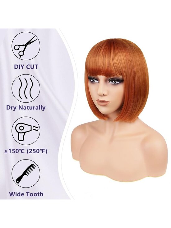 Women Dark Orange Heat Resistant Synthetic Bob Party Neon Wig Bangs 12 Inch main image 6